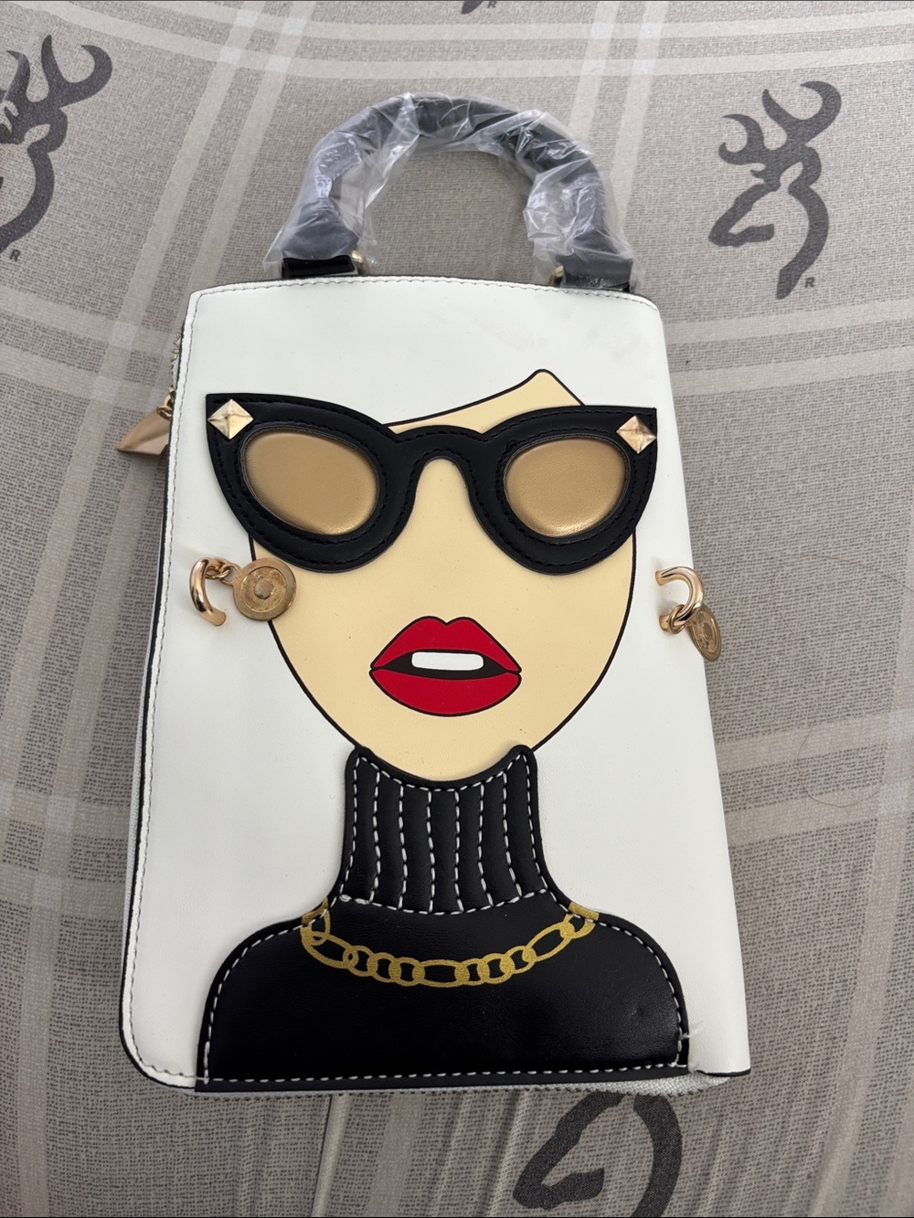 White Mini Tote with Graphic Face and Red Lip Accent